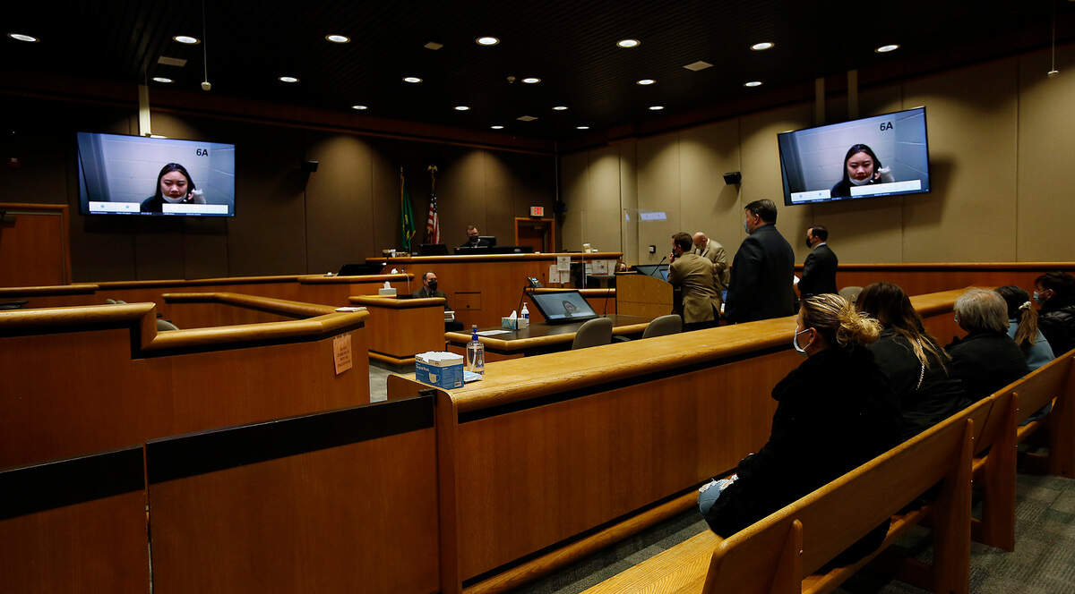 Jennifer Ana Duong, 19, the alleged driver involved in a triple fatality wreck in Richland early Sunday, makes her preliminary appearance in Benton County Superior Court via remote video from the Benton County Jail.