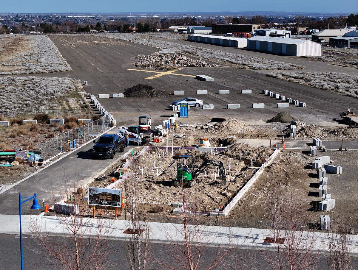 Construction activity at the Kuki Izakaya Restaurant on Lot 15 in Vista Field area developed by the Port of Kennewick. Yoori “Isabelle” Nah, the owner of several Richland restaurants paid $95,000 for the former airport land and is building Kuki Izakaya Restaurant. Taken on Feb. 26,, 2025
