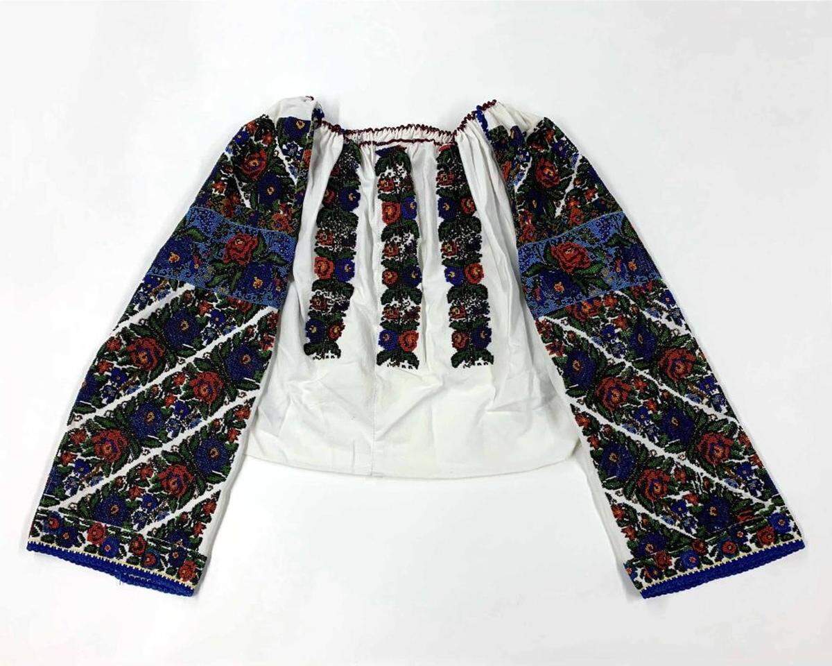 Romanian artist (Bukovina), Woman’s Blouse, c. 1970, glass beads and thread on cotton; Collection of Maryhill Museum of Art, 2025.2.55