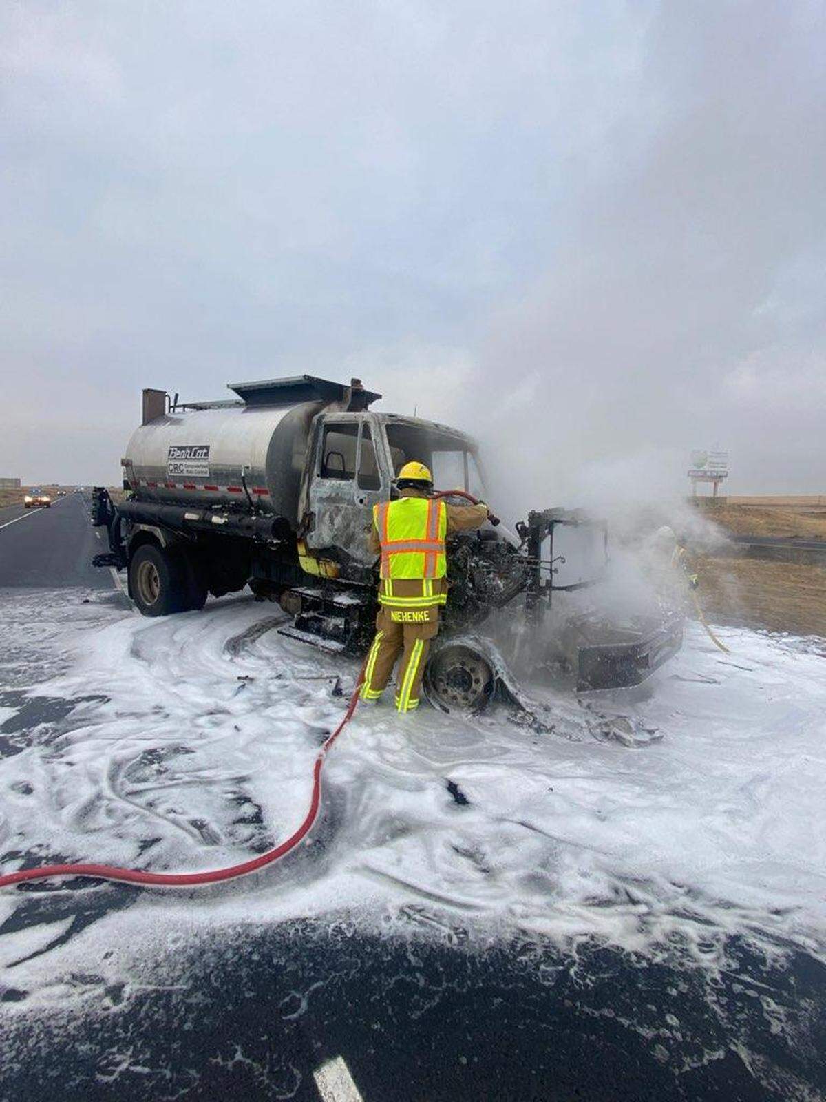 A chase stretching more than 30 miles ended with a Washington State Department of Transportation Asphalt truck bursting into flames on Interstate 90.