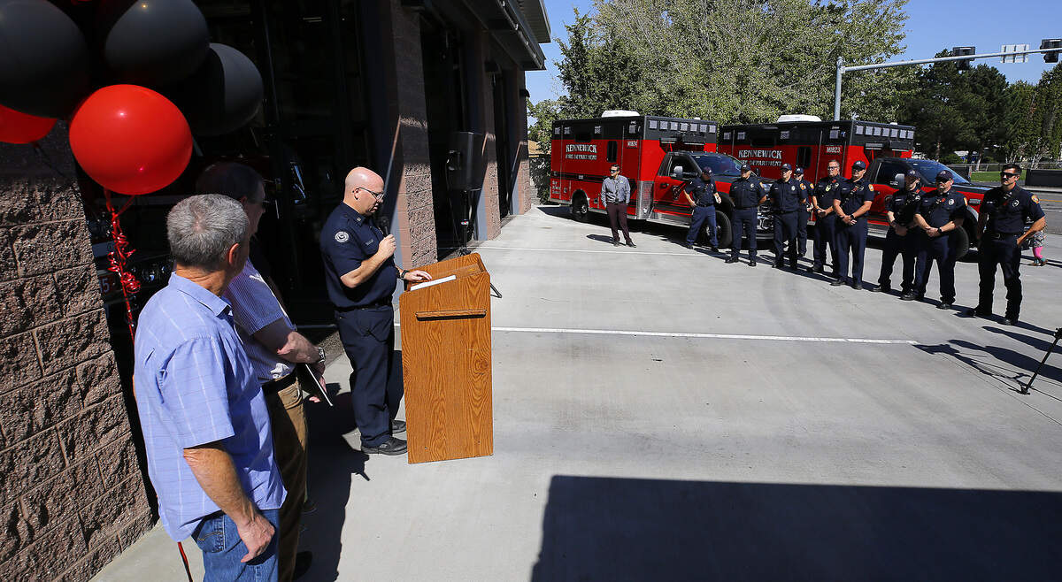 Interim Fire Chief Michael Heffner speaks at the Kennewick Fire Department's recent ceremonial ambulance push-in event.