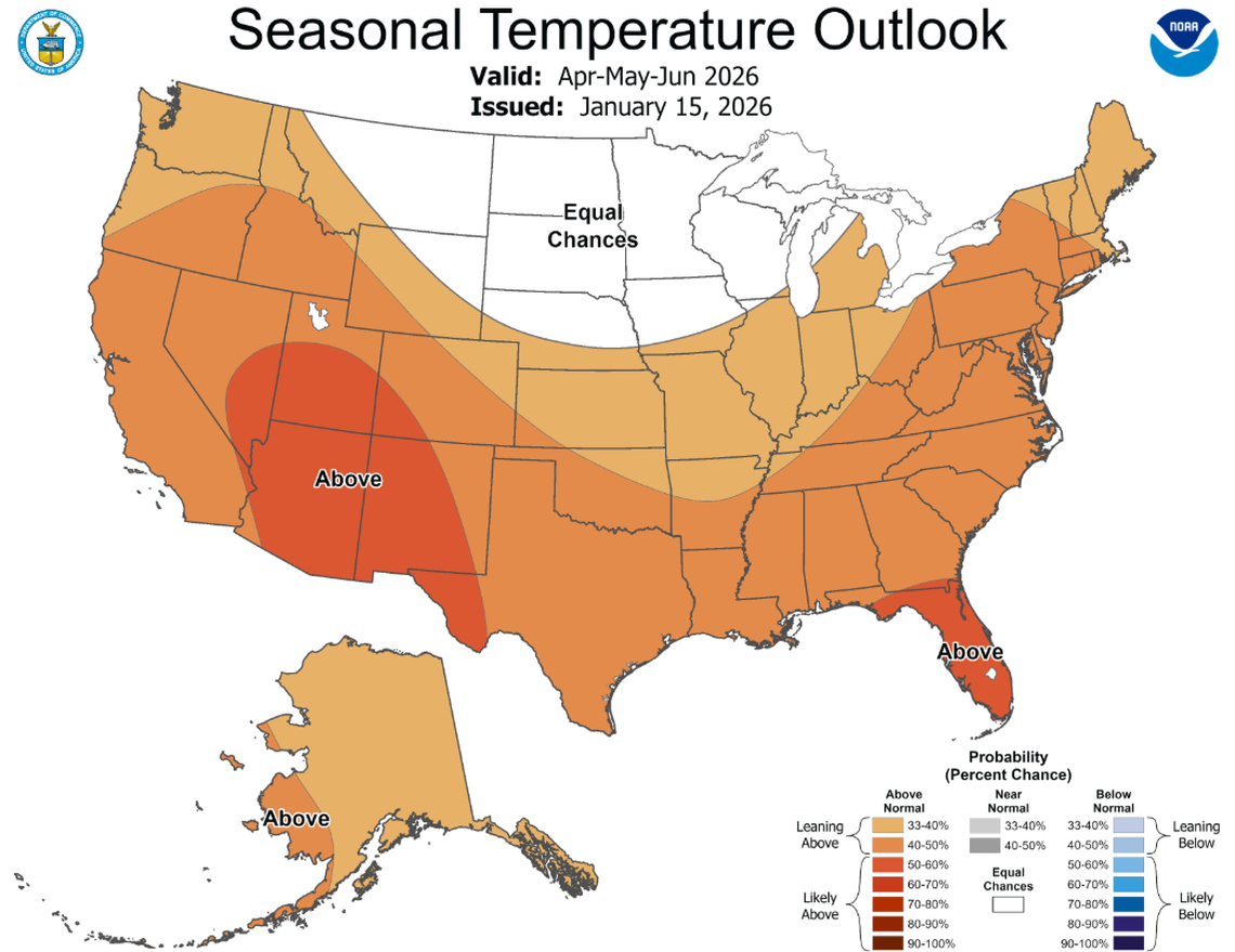 The three-month temperature outlook for spring 2026 from the Climate Prediction Center shows a chance of a slightly warmer season than normal in Eastern Washington.
