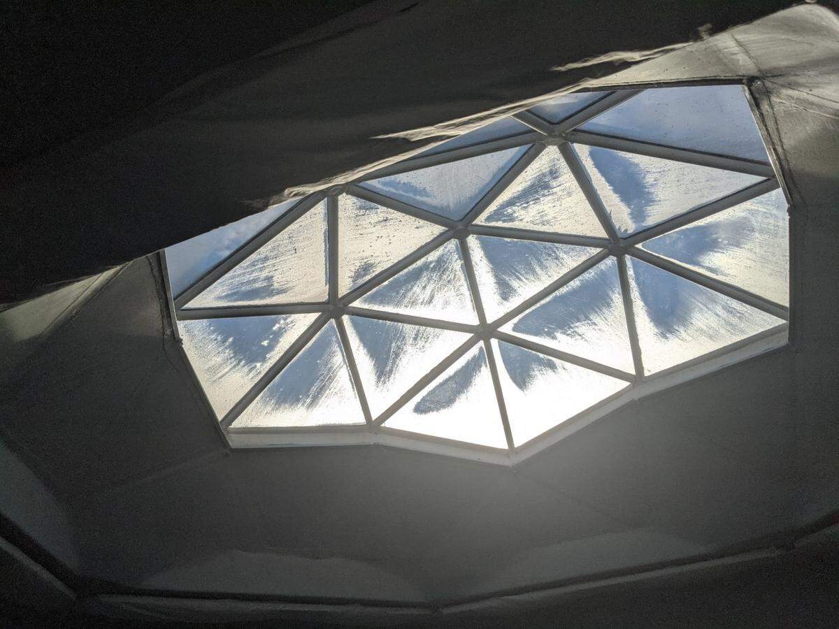 Light strikes the dome of Kurt Hughes’ Apollo lunar lander home in Beverly, Wash.