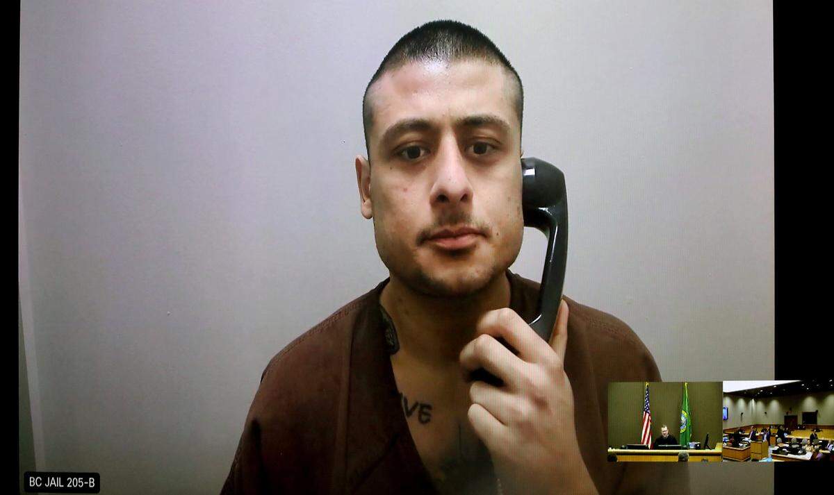 Murder suspect Isiah N. Rodriguez makes his preliminary appearance Thursday in Benton County Superior Court via a video link from the Benton County jail. He’s accused of fatally shooting a homeless man in Richland.