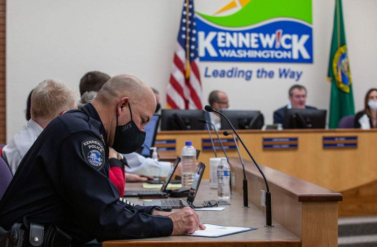 Chris Guerrero is sworn in as Kennewick’s new police chief during a Kennewick City Council meeting on Tuesday evening. Chief Guerrero was formerly the Assistant Police Chief under Ken Hohenberg, who recently retired.