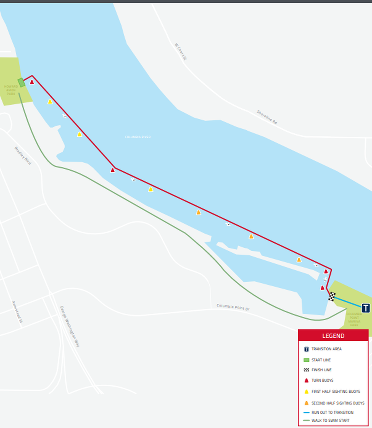 The Ironman Columbia River swim course on Sunday morning starts at Howard Amon Park in Richland and ends at Columbia Point Park.