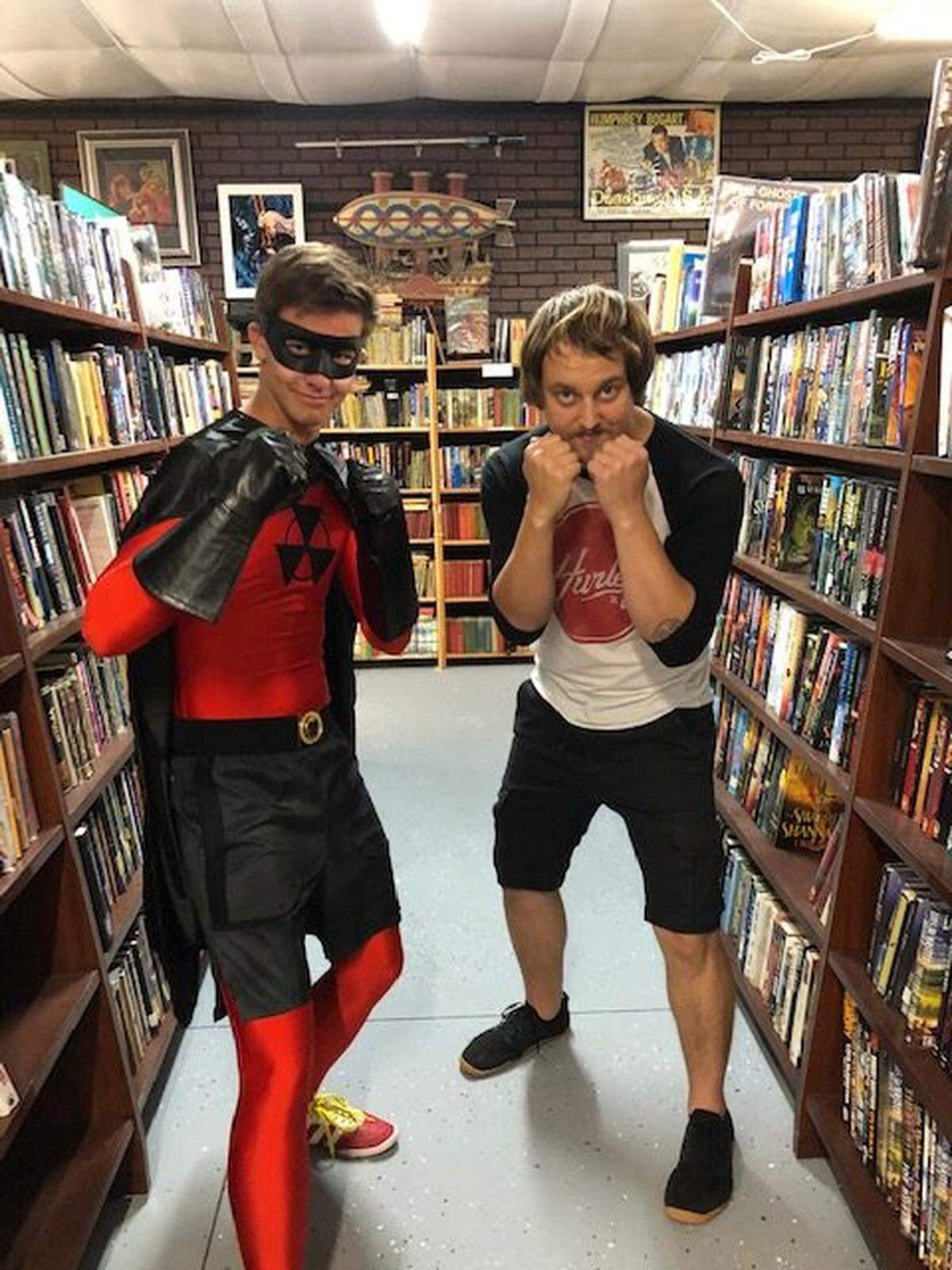Actors for “Gamma Man,” a short film out of 2047 Productions, behind the scenes while filming at Xenophile Bibliopole and Armorer, Chronopolis in Richland.