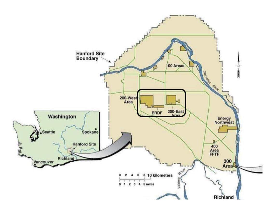 An overview of the Handford’s 200 areas is illustrated in this Oregon Department of Energy map.