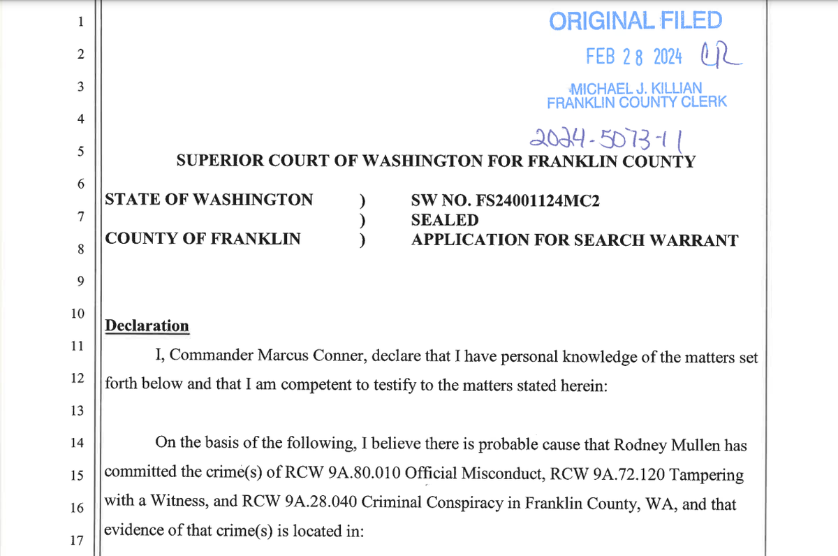 An unsealed search warrant lists the alleged crimes Franklin County Commissioner Rocky Mullen is being investigated for.