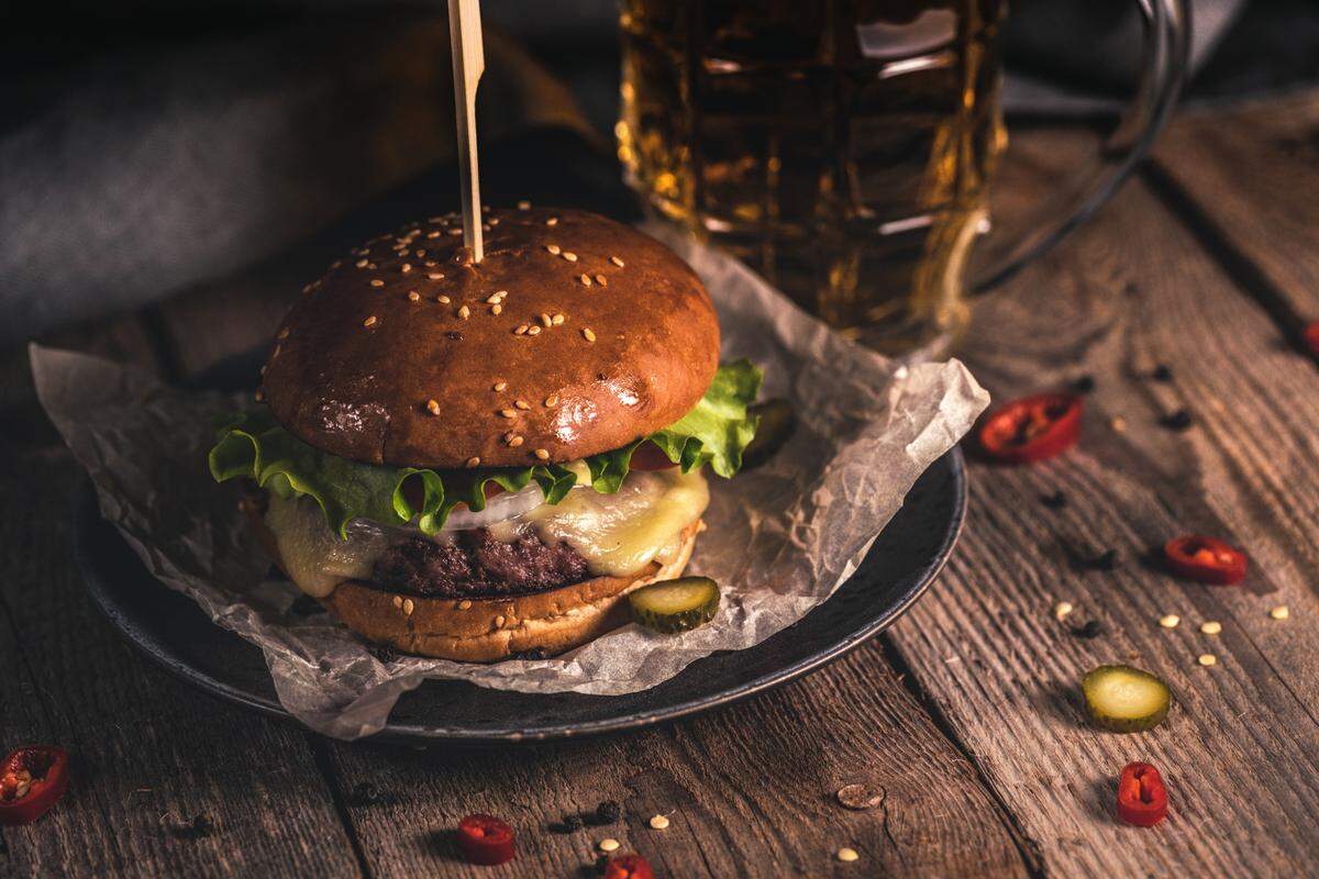 Stock image of a burger on a platter.
