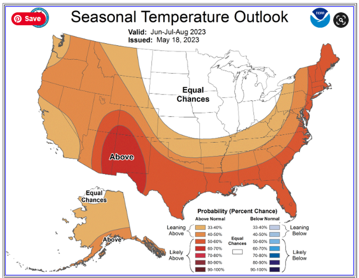The seasonal temperature outlook from June through August 2023.