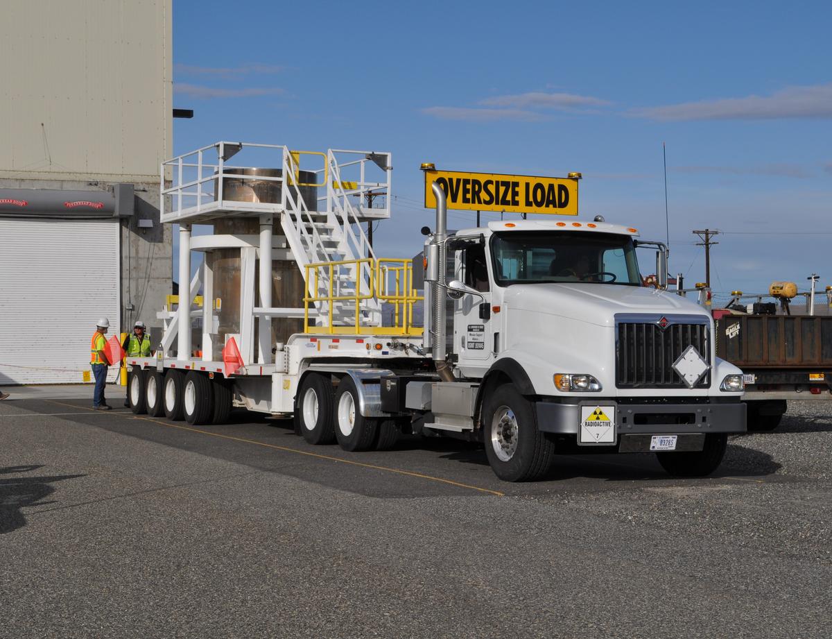 The 20th and final container of highly radioactive sludge leaves the 100-K West Reactor Annex on Sept. 9 on its way to T Plant for safe storage away from the Columbia River.
