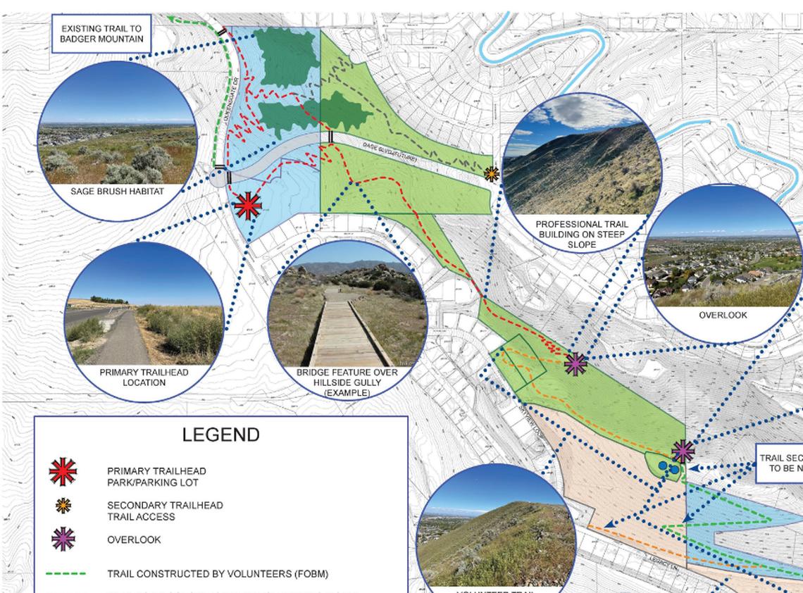 The proposed master plan for half of the Little Badger Mountain trail system is shown. The main trailhead would be near Gage Boulevard and Queensgate Drive.