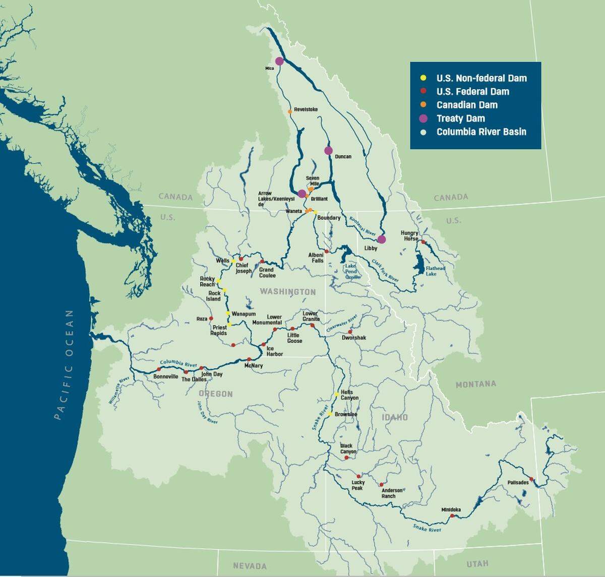 Dams in the Columbia River Basin are shown, including the Columbia River Treaty dams.