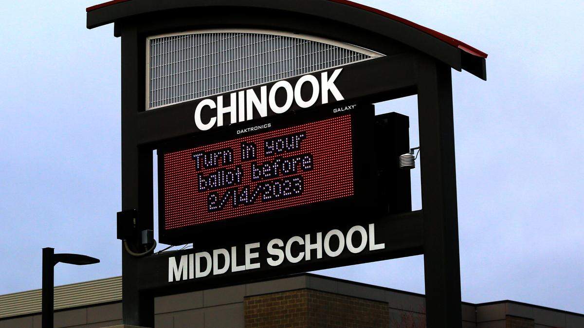 Electronic readerboard at Chinook Middle School in Kennewick reminds residents to turn in their ballots for the levy election in February 2023.