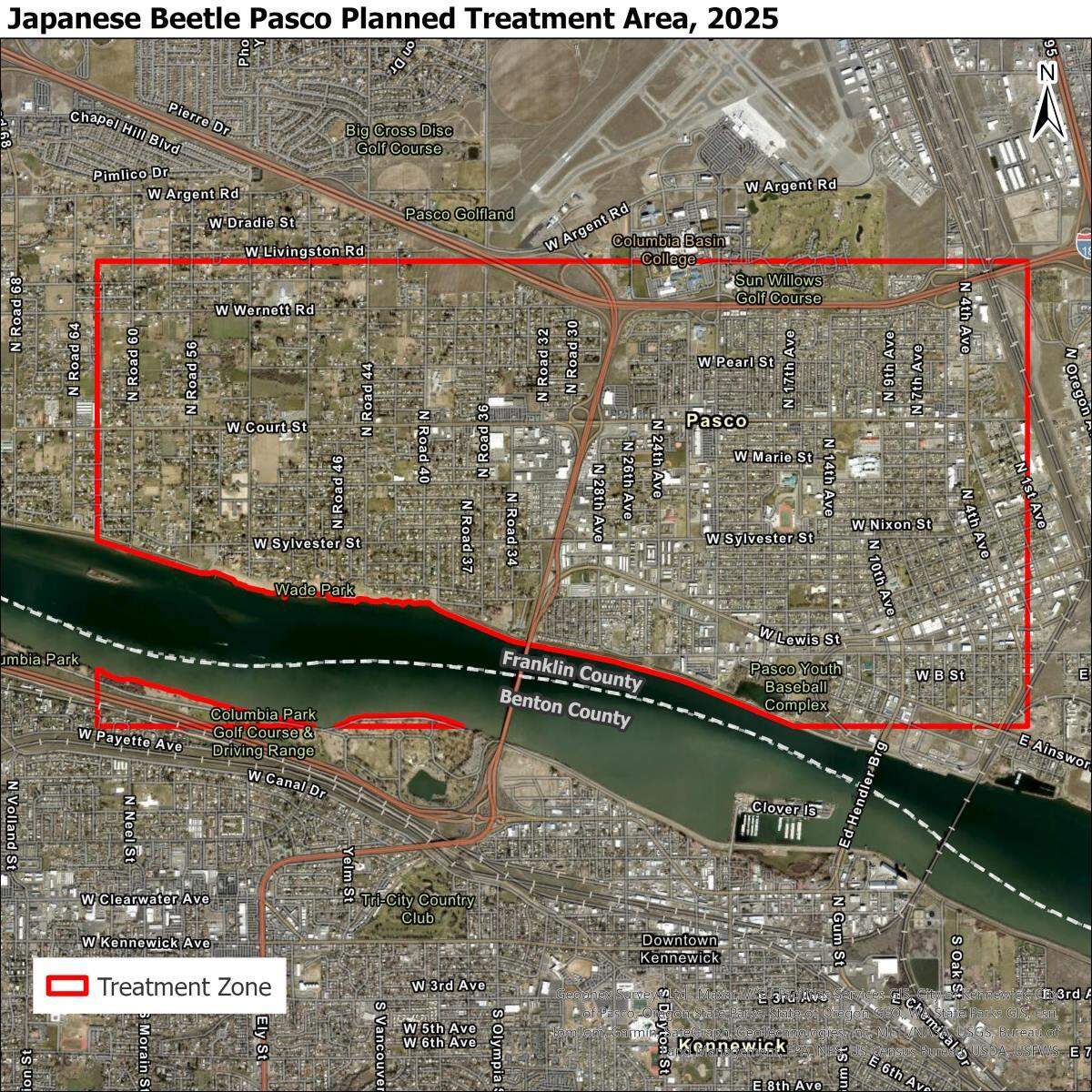 The Washington state Department of Agriculture is seeking permission to treat public and private properties outlined in red this spring to help eradicate invasive Japanese beetles that have spread in the Tri-Cities.