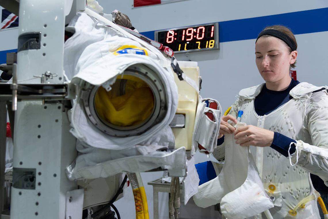 Kayla Barron, a NASA astronaut from Richland, WA, participated in spacewalk training at the Neutral Buoyancy Laboratory at NASA’s Johnson Space Center in Houston, Texas, in 2018.
