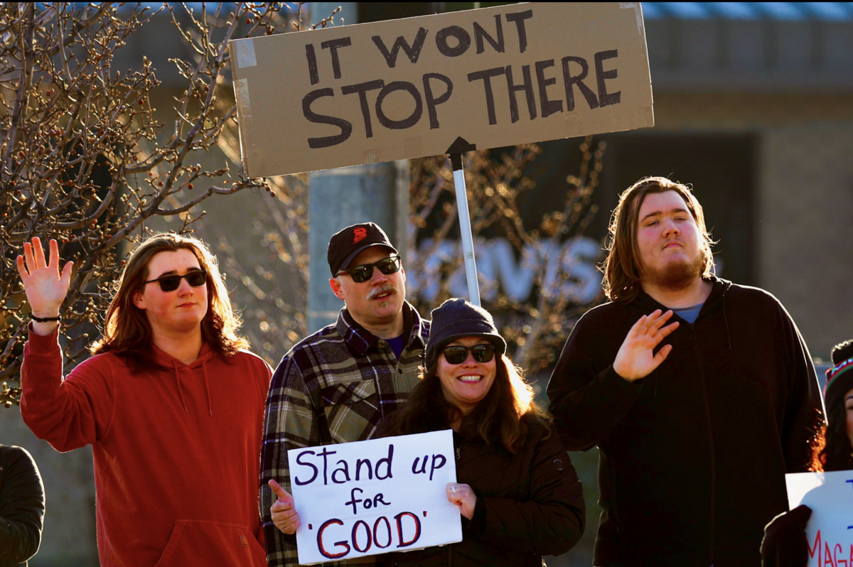 Peter Neorr of Richland, and his wife Emma and sons Tyler, 15, and Corbin, 17, both students at Delta High School, joined Sunday’s protest in Richland.