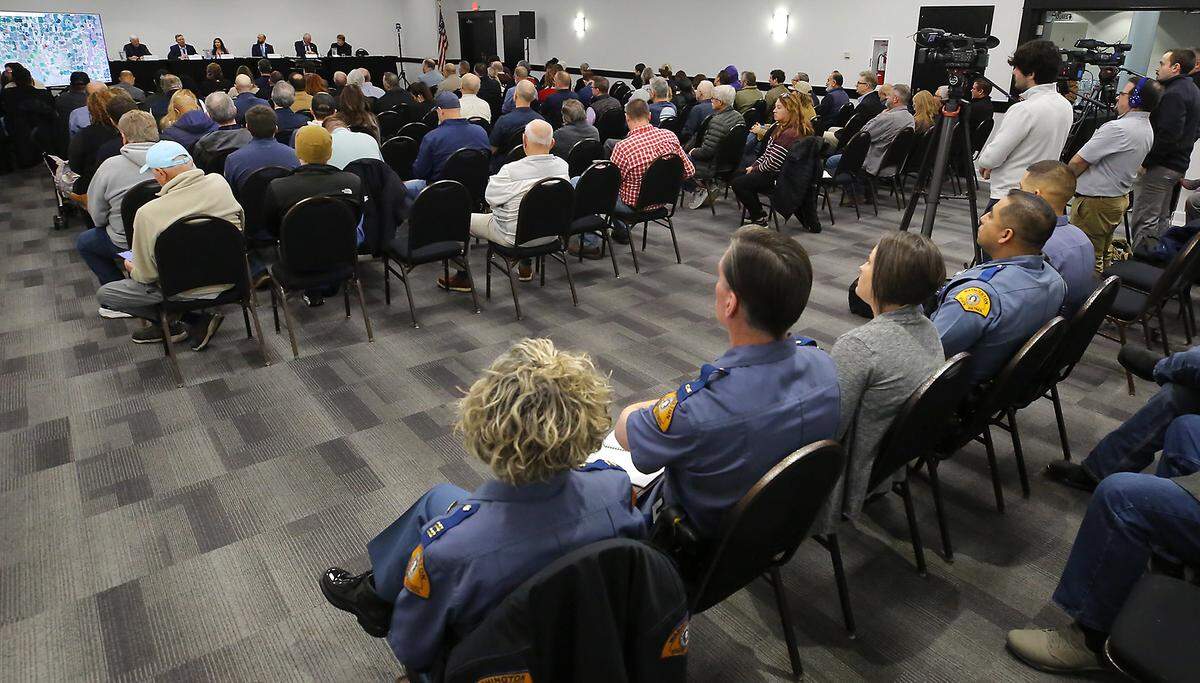 About 100 attended the meeting at the HAPO center in Pasco Wednesday held by the Franklin County Commissioners to collect public input about the growing death toll and collision rate on Highway 395 in Franklin County near Pasco. 
