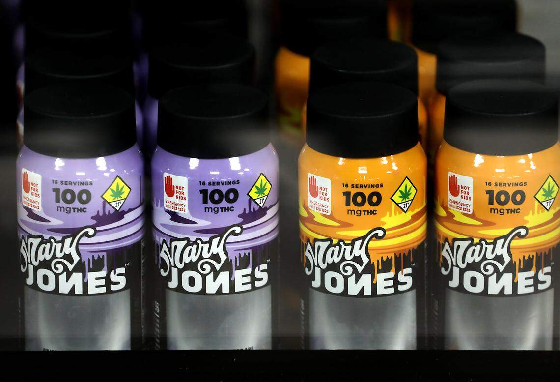 A display of drink products at the new Lucky Leaf Co. cannabis store in downtown Pasco.