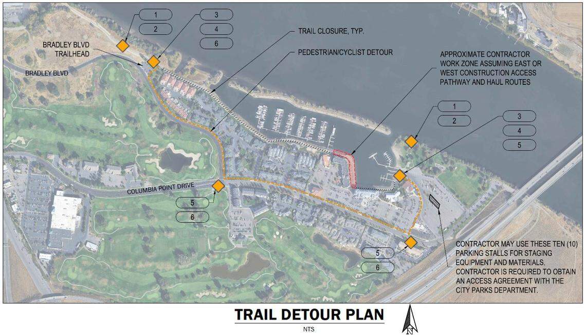 A section of Riverfront Trail near Columbia Point Marina will be closed while crews rebuild a failed retaining wall near the Marriott Hotel. Pedestrians and cyclists will be diverted to Bradley Boulevard and Columbia Point Drive during the eight-week construction project, scheduled to start Jan. 5, 2026.