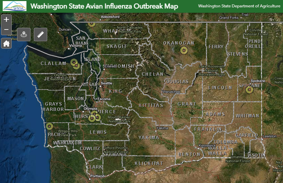 This screenshot from the Washington state Department of Agriculture website shows quarantine areas after avian flu was confirmed in backyard poultry flocks this spring.