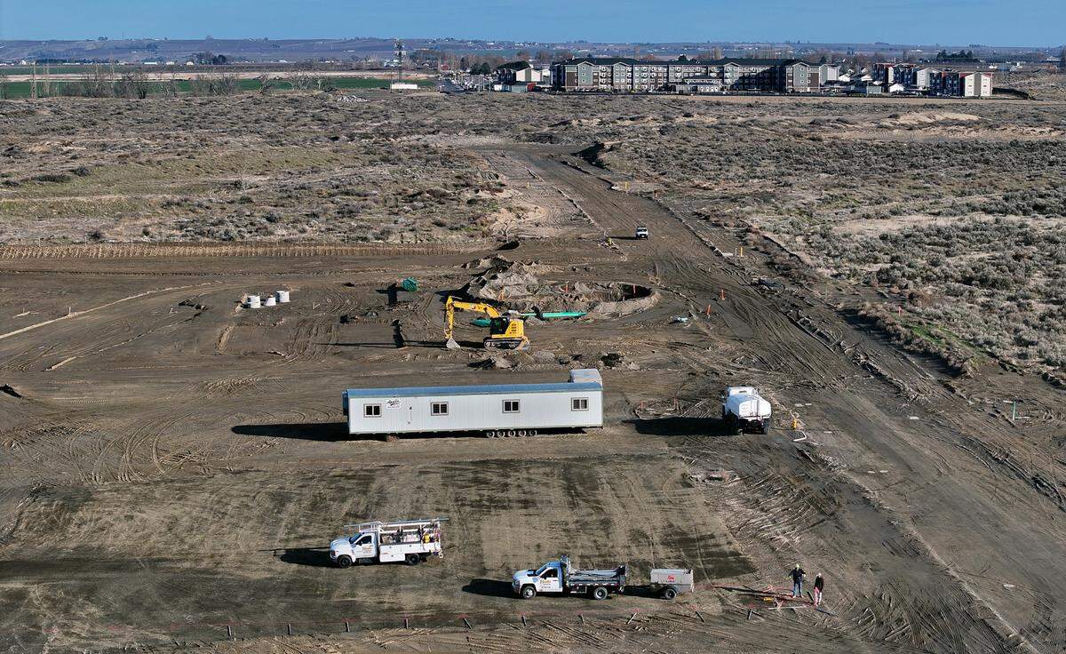 Site preparation is underway off future Road 108 in west Pasco where the Pasco Aquatics Center will be constructed. The project starts with about 6 acres with plans to start with just under 47,000-square-feet of indoor and outdoor features, including an indoor leisure pool, outside activity pool, a party room, classroom, outdoor concessions and locker rooms.