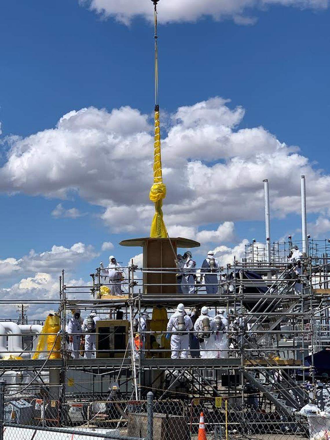 Hanford site workers remove old equipment, like this thermocouple for measuring the temperature of radioactive waste, before work starts to retireve waste from single shell, underground tanks.