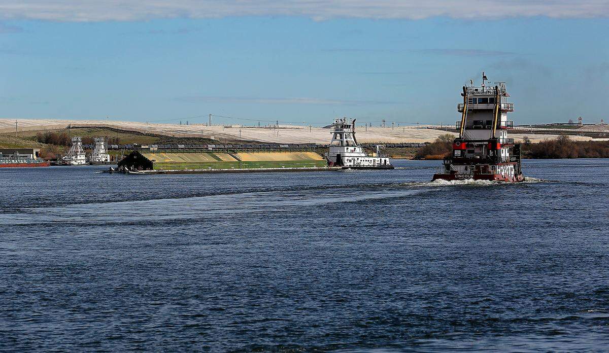 A loaded grain barge headed down the Snake River passes a tugboat headed upriver in Burbank near the confluence with the Columbia River.
