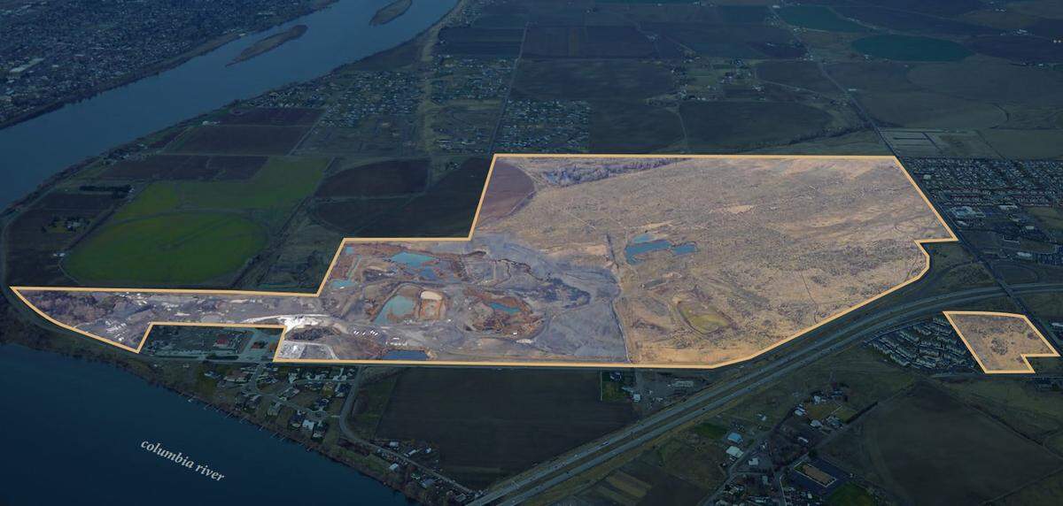 The privately owned area highlighted area off Road 100 and Interstate 182 in Pasco will be developed into a multi-use community with commercial, retail and housing of multiple densities.