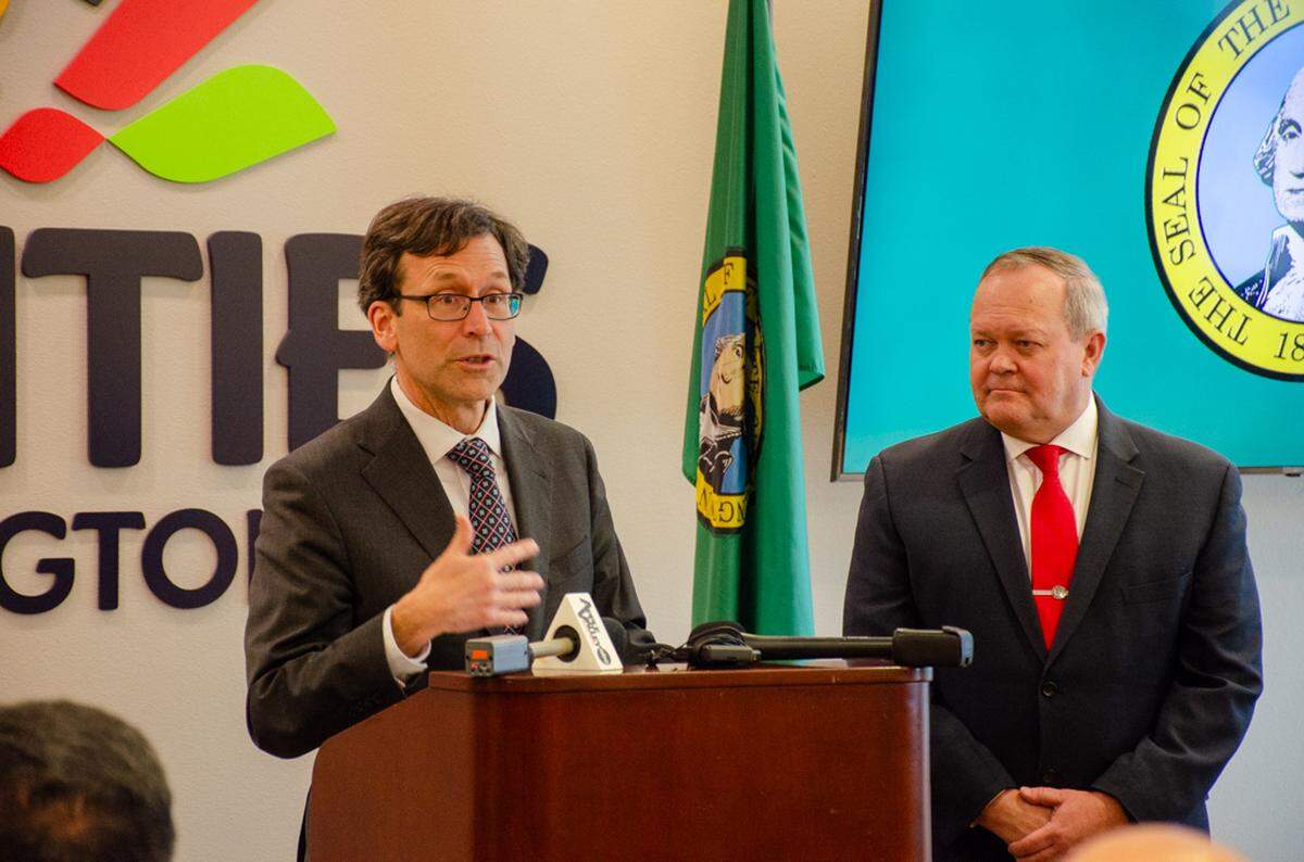 Gov. Bob Ferguson and Sen. Matt Boehnke, R-Kennewick, provide opening comments prior to a bill signing event held last May in Kennewick.