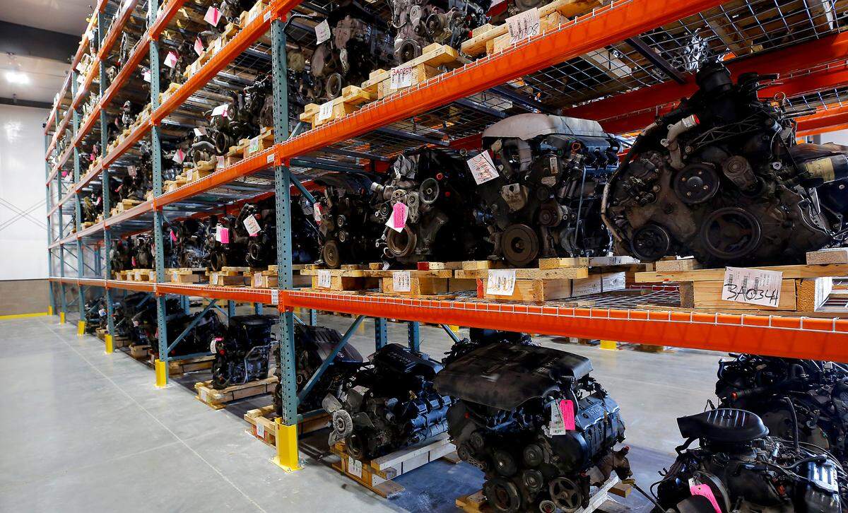 Used engines, removed from vehicles, sit on shelves at the new location of U-Pull-It and Supreme Truck and Auto Parts in Finley.