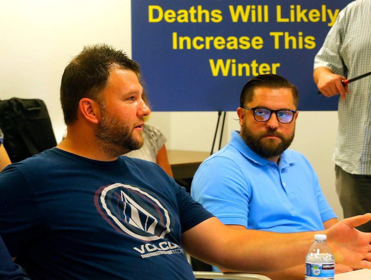 Drug court graduate Shaun Lettrick, left, speaks at the roundtable discussion about the fentanyl crisis held by Sen. Maria Cantwell in Kennewick. Cameron Fordmeir, board member of the Benton Franklin Recovery Coalition, sits to his right during Lettrick’s presentation.