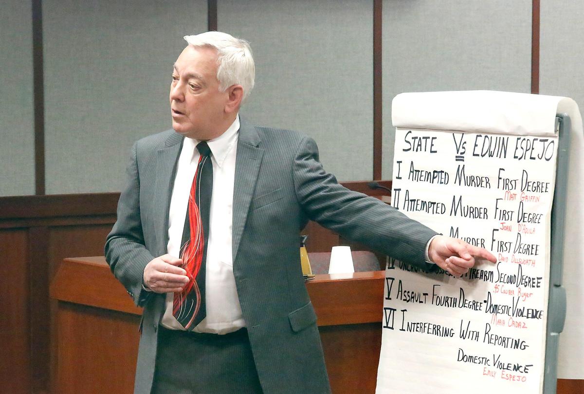 Deputy Prosecutor Dave Corkrum outlines the charges against Edwin Espejo for the jury Monday during his opening statements in the trial for the Pasco man accused of shooting at Pasco police officers in 2017. Watch a video at: tricityherald.com/video