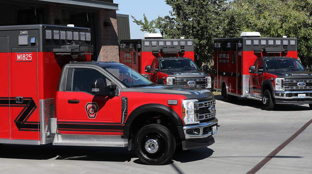 The three new Kennewick fire department ambulances were parked for the ceremonial ambulance push-in event Tuesday at Fire Station #5 on 10th Ave. 