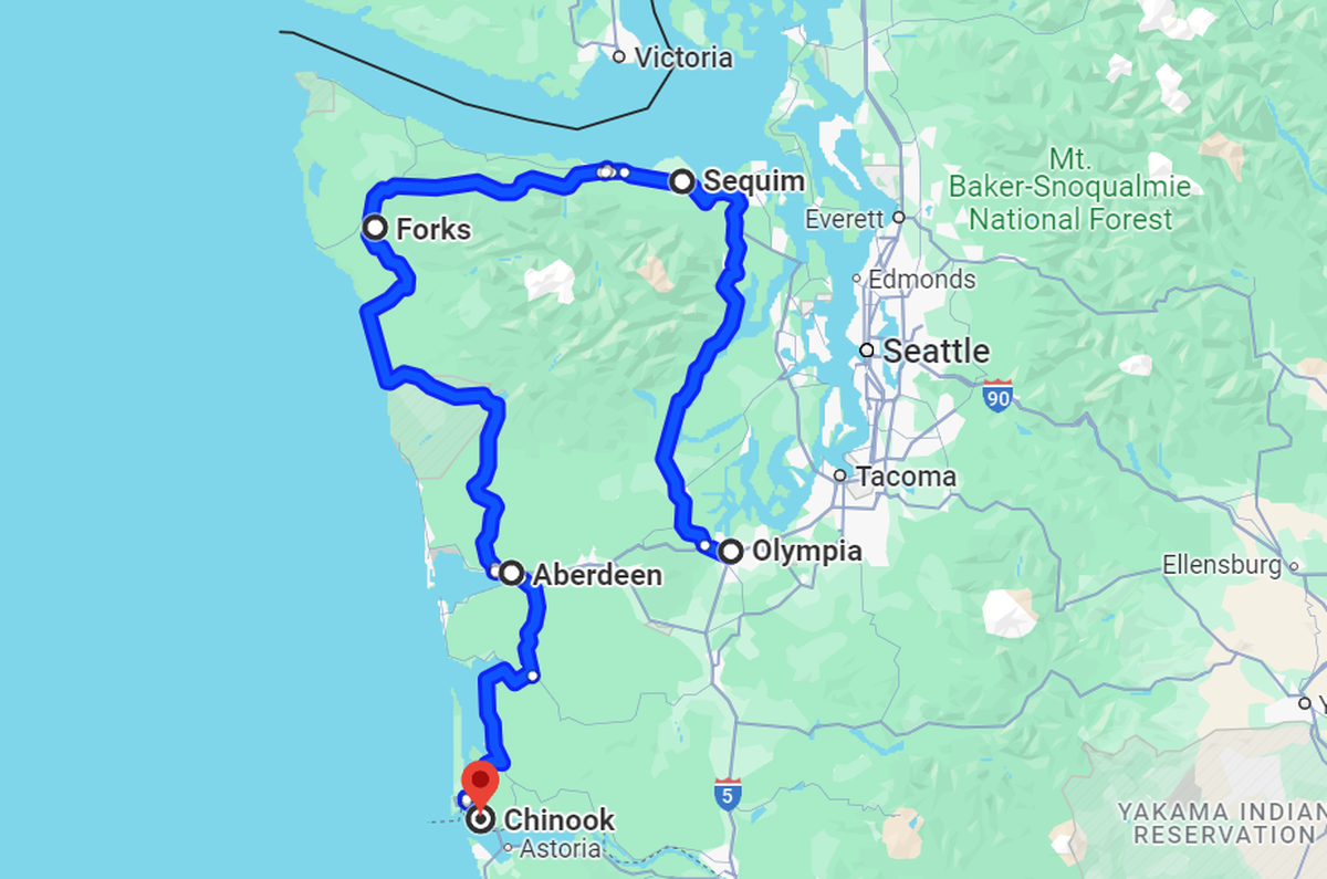 Highlights along the Washington stretch of US-101, as seen on Google Maps.