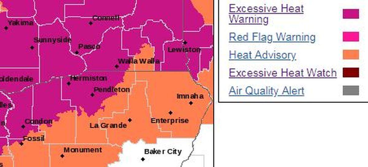 An excessive heat warning is issued for the Mid-Columbia Monday and Tuesday. Temperatures could hit 106, according to the National Weather Service.