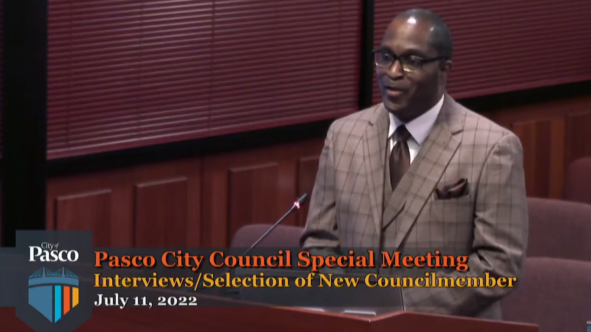 Irving Brown Sr. answers questions during a Monday evening interview with the Pasco City Council. After a 15-minute executive session, he was appointed as a new councilman.