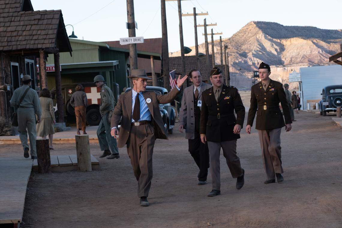Cillian Murphy is J. Robert Oppenheimer, left, Olli Haaskivi is Edward Condon, Matt Damon is Leslie Grove and Dane Dehaan is Kenneth Nichols in the movie “Oppenheimer.”