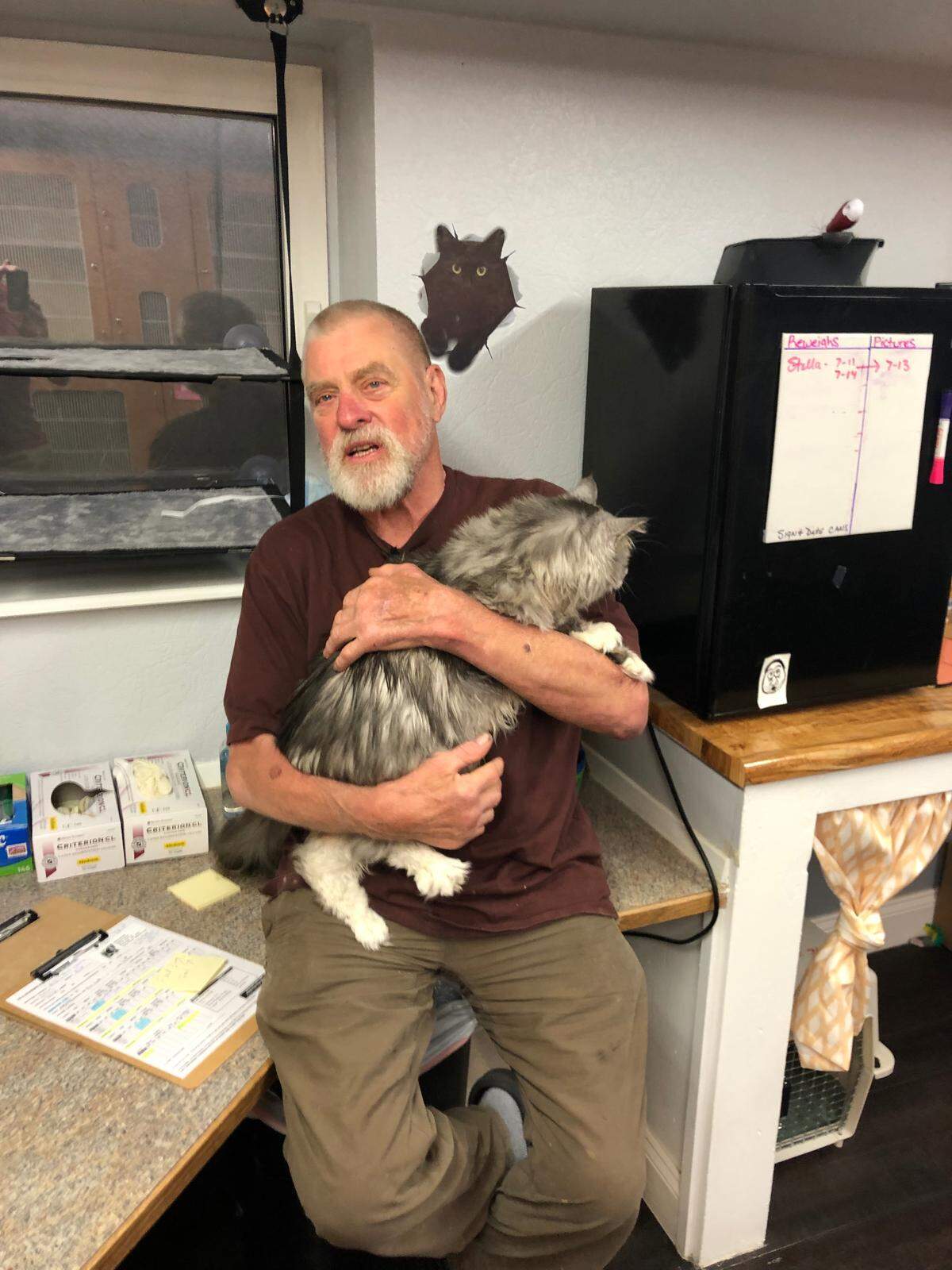 Alaska veterinarian Burgess Bauder holds his cat Drake at the Vista Veterinary Hospital in Kennewick.