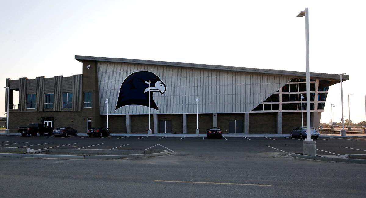 A large hawk adorns the outside of the student recreation center at Columbia Basin College in Pasco.