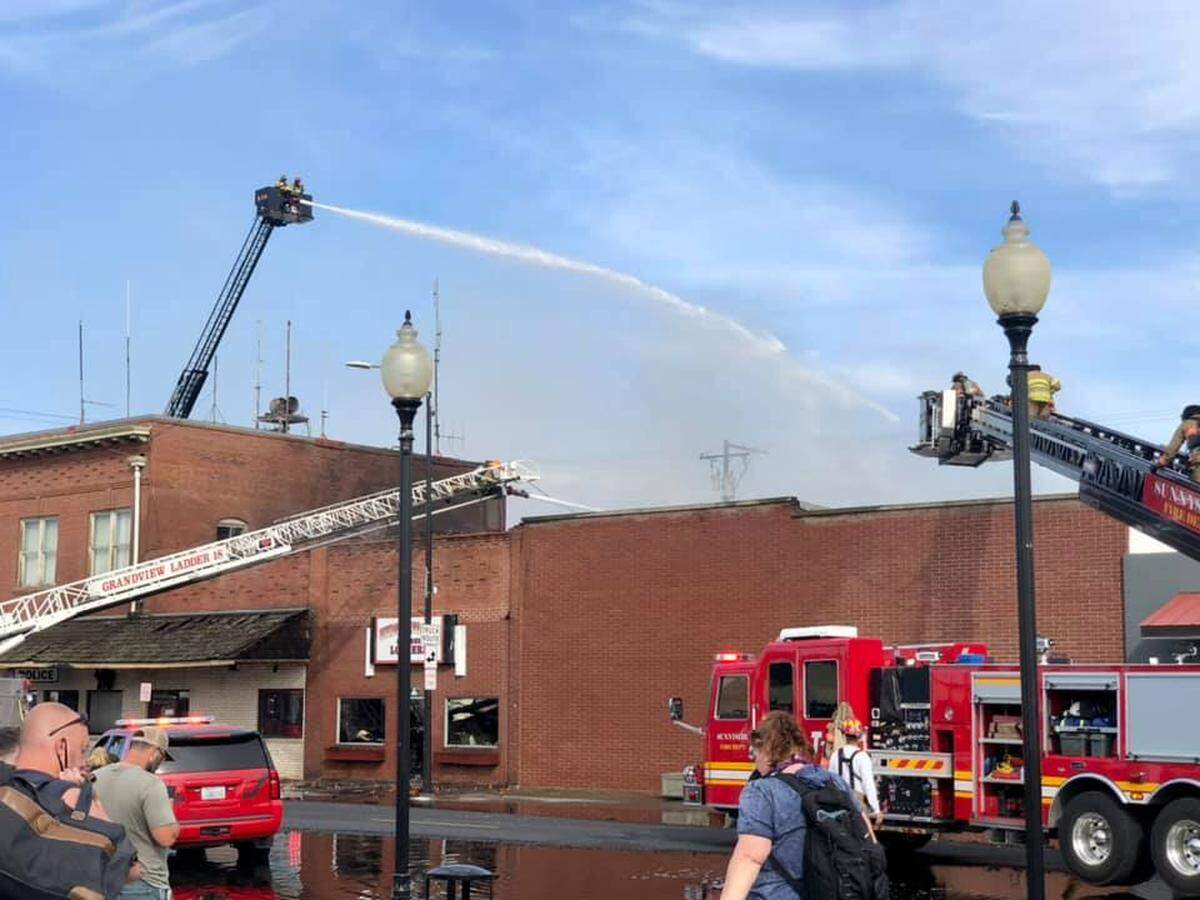 A three-alarm fire Saturday afternoon closed downtown Prosser while crews battled the flames at Underwood’s Prosser Lockers.