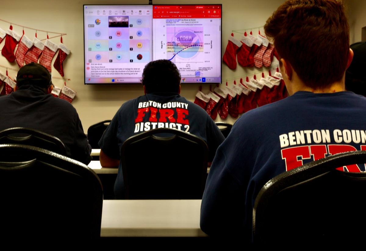 Benton County Fire District #2 emergency crews attend a Benton County Emergency Services video conference Wednesday in preparation for the threat of flooding in Benton City.
