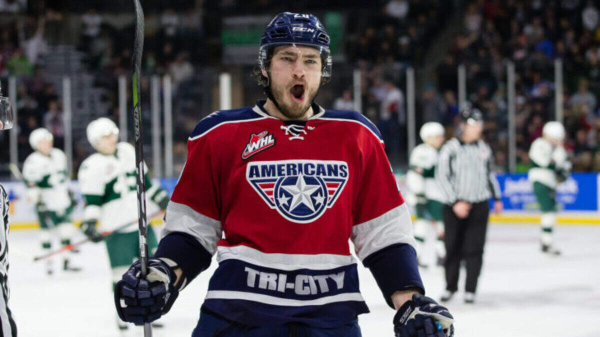 Tri-City's Max James celebrates after giving the Americans a 4-3 lead Saturday night in Game 2 of the Western Conference finals. Tri-City beat Everett 5-3 to even the series at 1-1.