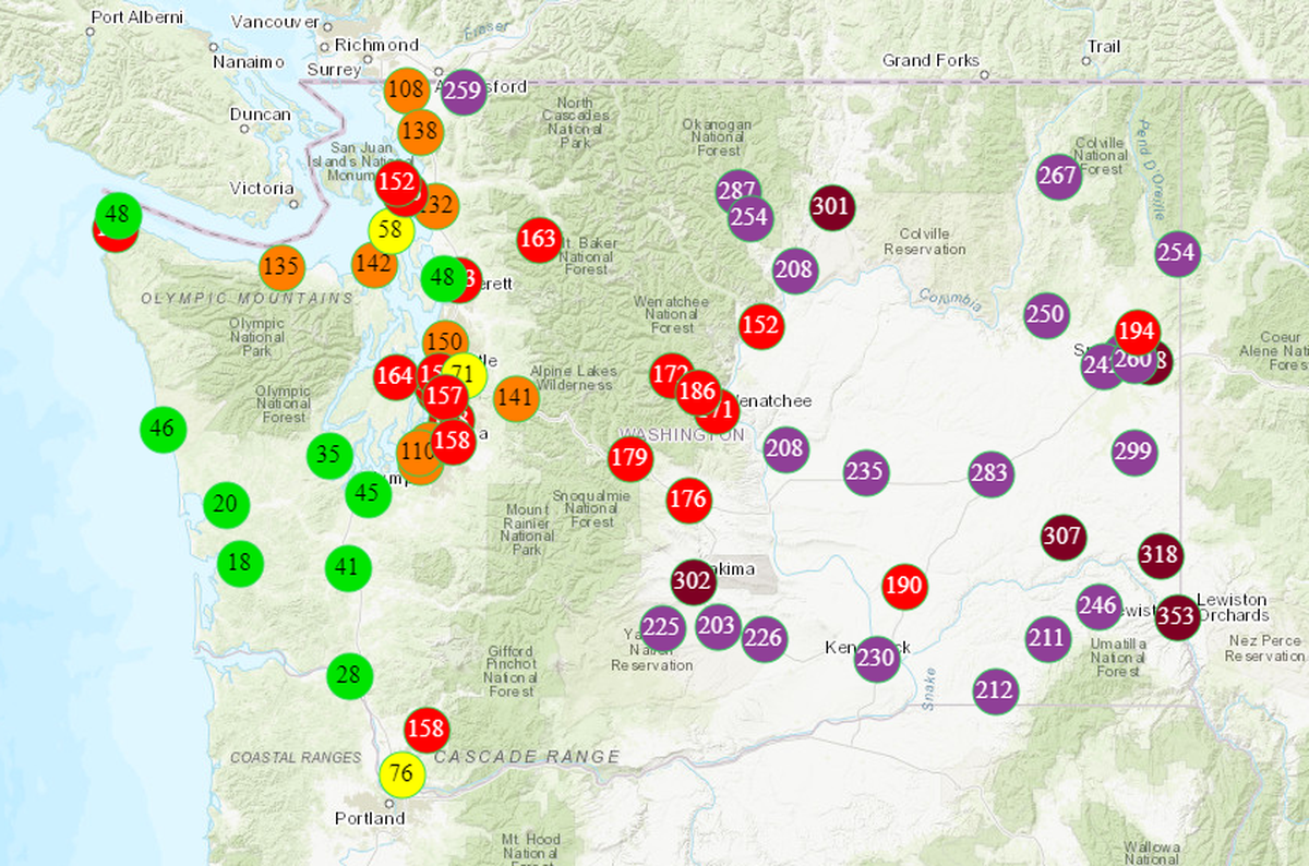 Air quality ratings for Washington state are shown for midday Friday. Green is good, yellow moderate, orange unhealthy for sensitive groups, red unhealthy, purple very unhealthy and maroon hazardous.