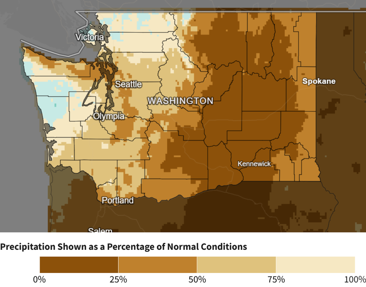 Most of Columbia County, home to Ski Bluewood, in southeast Washington state has had 50% or less than normal precipitation in the last 30 days.