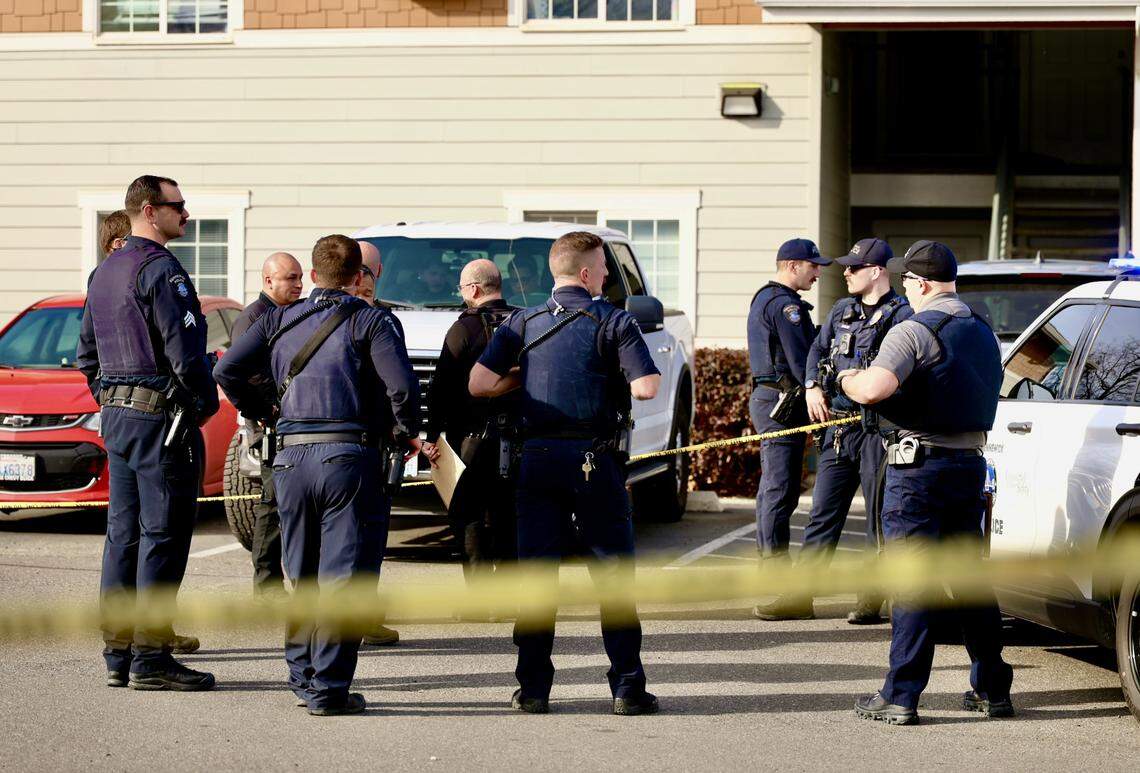 Kennewick officials investigate a shooting at the Heatherstone Apartments on Sunday afternoon that left a person seriously injured.