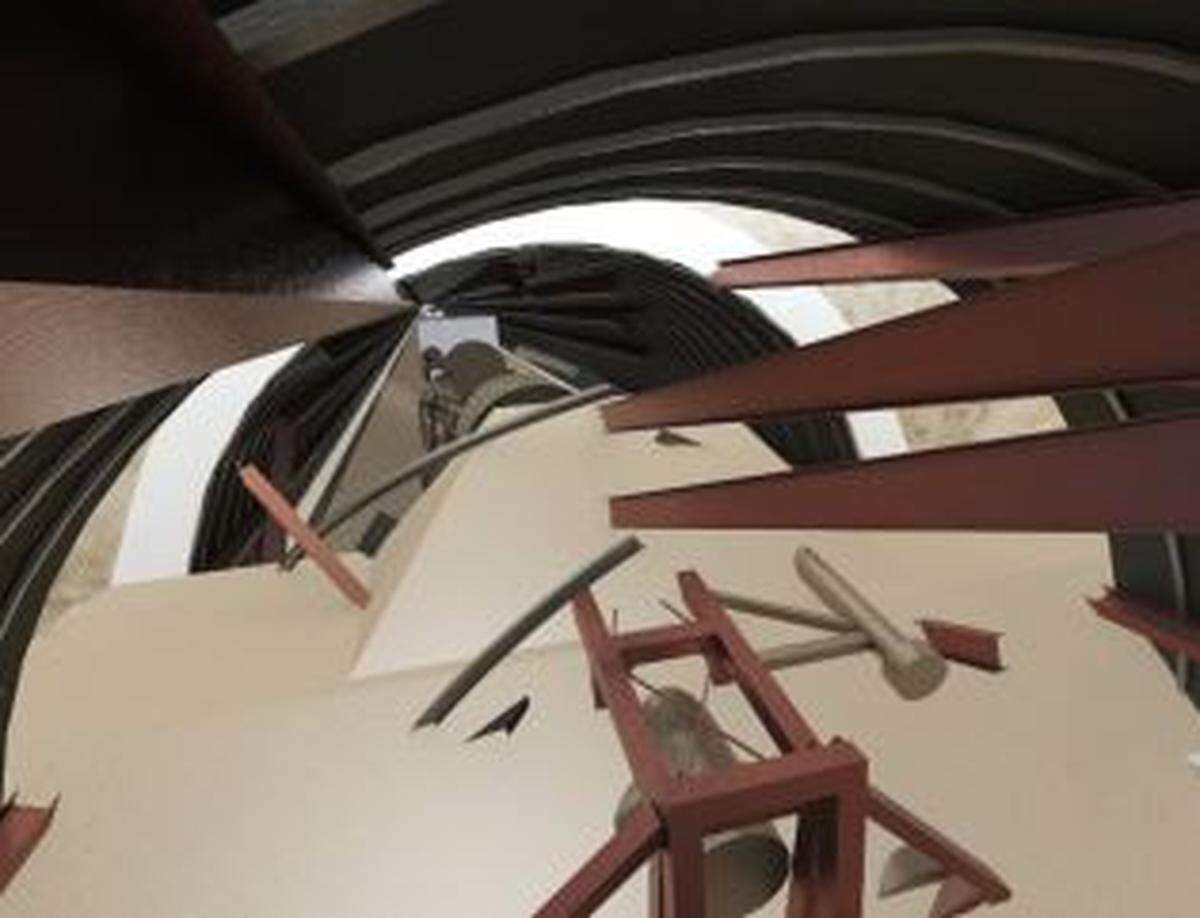 An illustration shows what could happen if corrosion causes one steel beam to fall at a Hanford waste storage tunnel, leading to more beams falling.