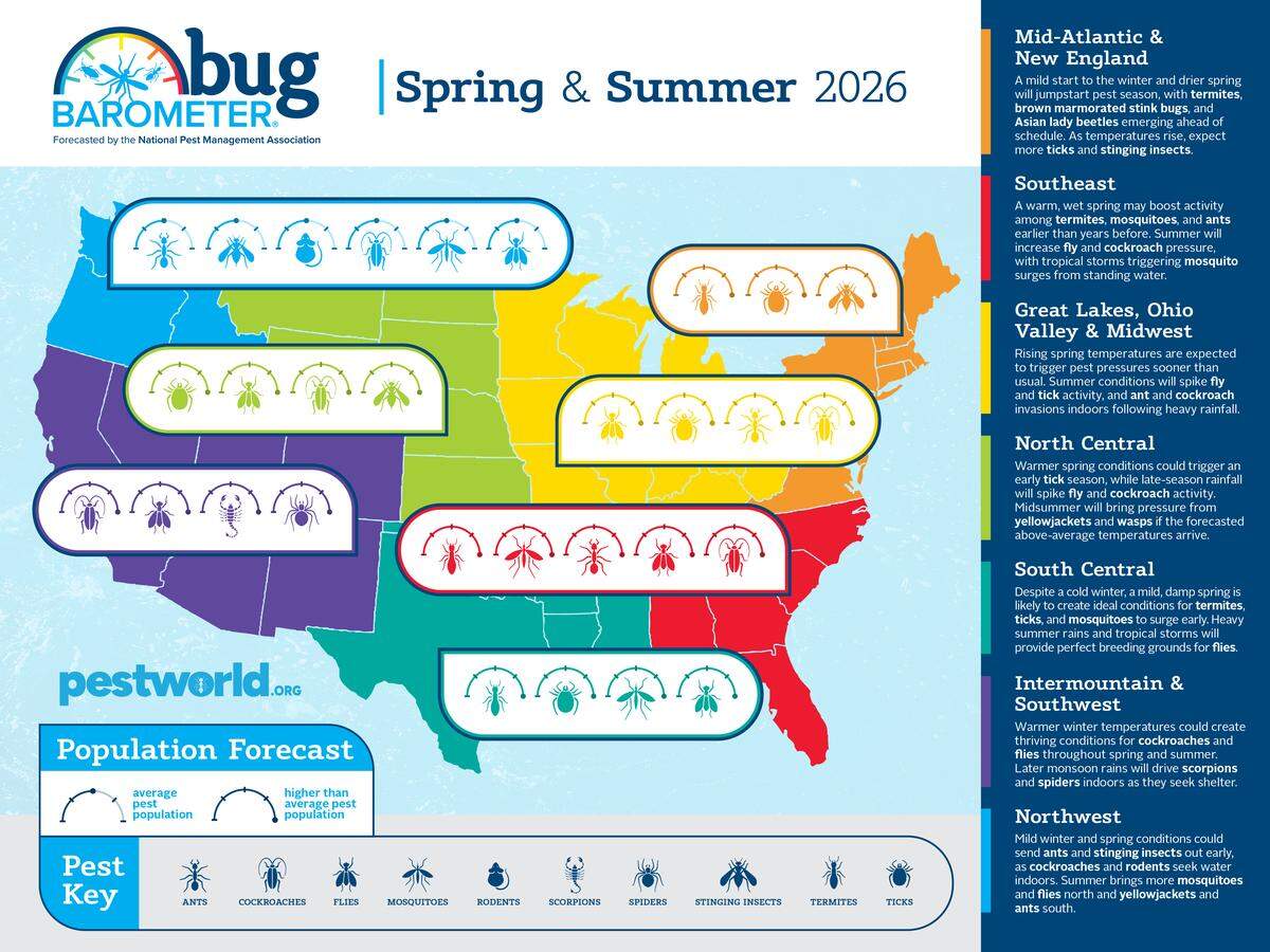 The National Pest Management Association predicts what pests will be seen across different regions in the United States during spring and summer 2026.