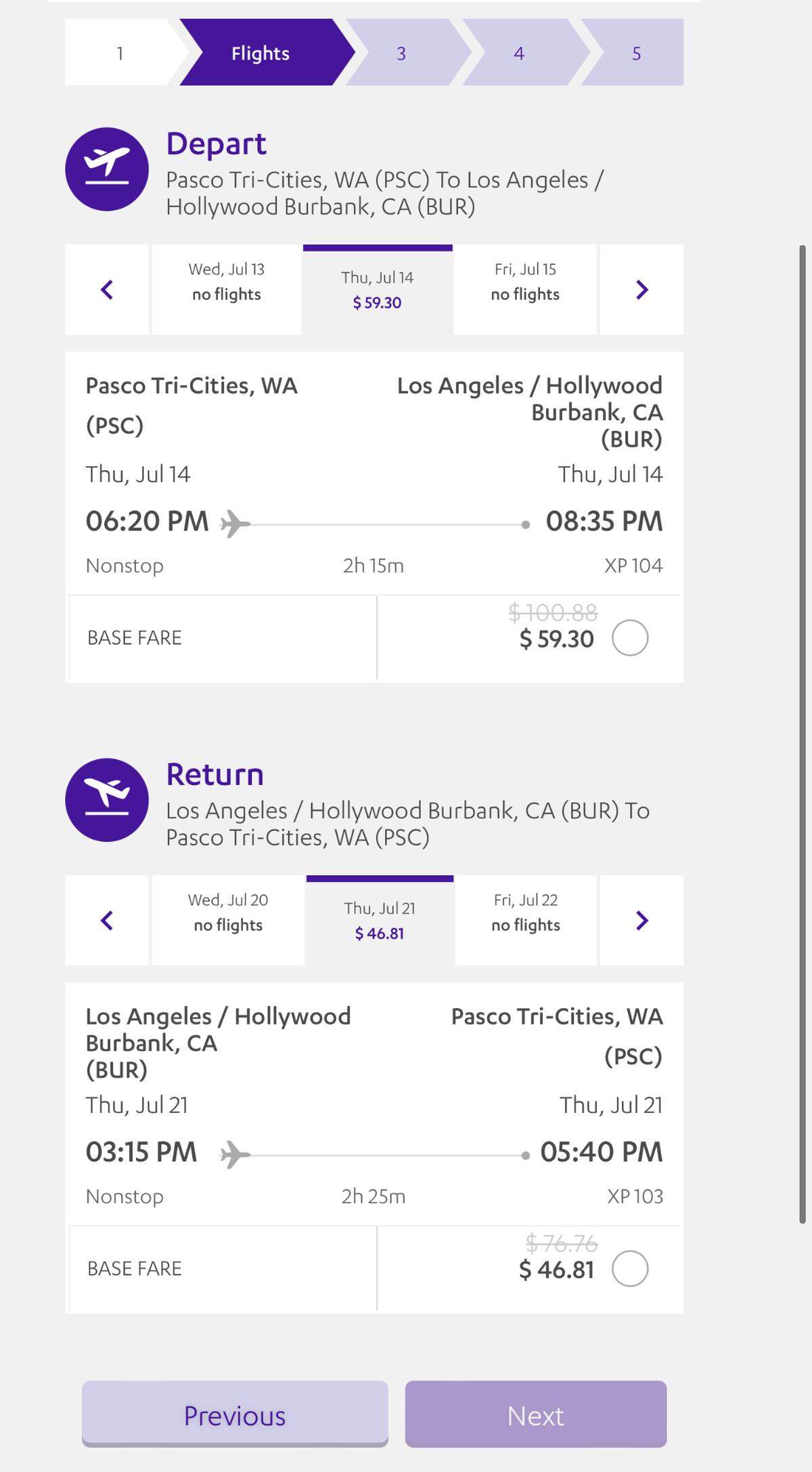 This photo shows the cost of flights from the Tri-Cities Airport to the Burbank Airport with Avelo Airlines using their half-off special.